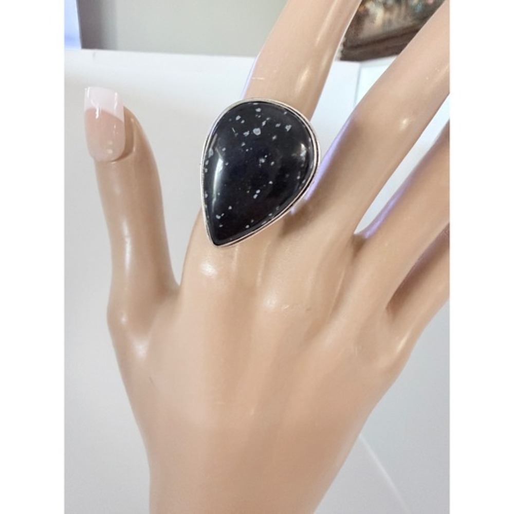 Handcrafted Snowflake Obsidian Ring Womens Adjustable Silver Plated pear shape
